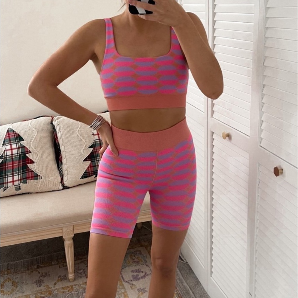 Fabletics Pink Purple Biker Short + Sports Bra Set